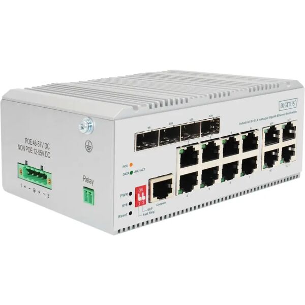 digitus switch di rete  poe gigabit ethernet a 8 porte, industriale, gestito l2, 4 uplink sfp [dn-651139]