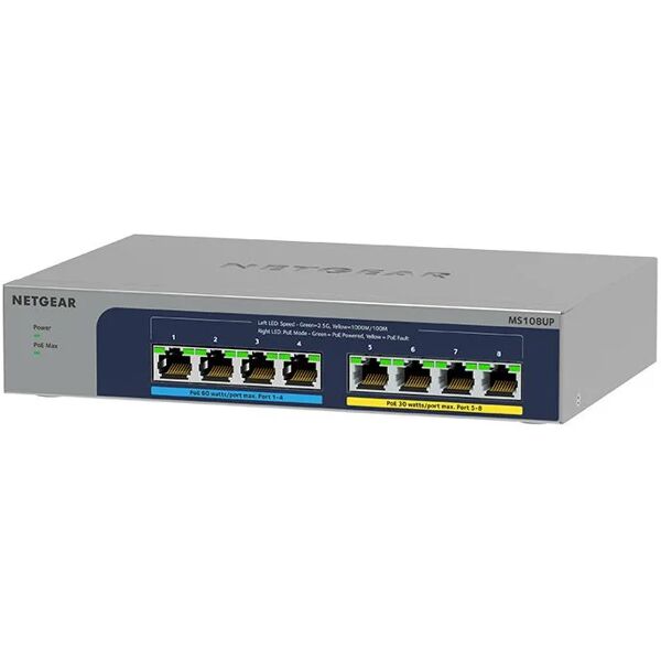 netgear switch di rete  ms108up non gestito 2.5g ethernet (100/1000/2500) supporto power over (poe) [ms108up-100eus]