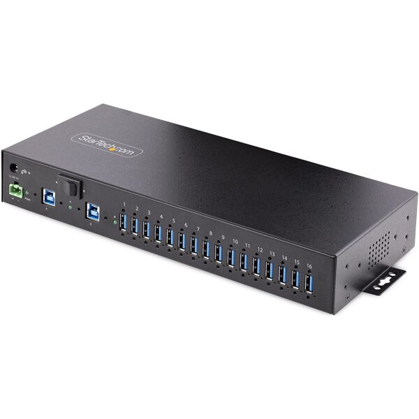 startech.com hub usb 3.0 alimentato a 16 porte - multipresa usb-a industriale 5gbps installabile muro/rack/din protezione esd 120w condivisi per la ricarica switch doppio host morsetto/barilotto dc [5g16ainds-usb-a-hub]