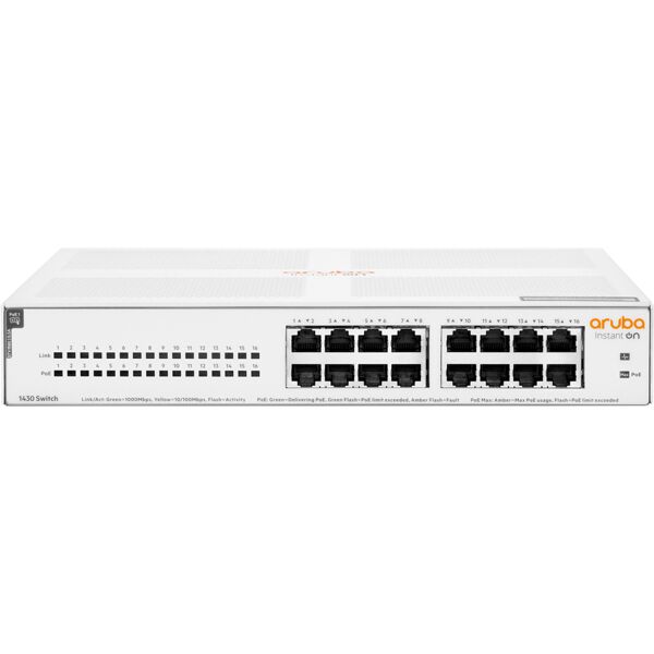 hp switch di rete aruba instant on 1430 16g class4 poe 124w non gestito l2 gigabit ethernet (10/100/1000) supporto power over (poe) 1u bianco [r8r48a#abb]