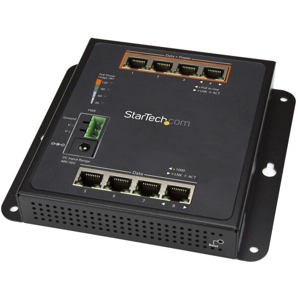 startech.com switch di rete  industriale a 8 porte gigabit poe - 4 x poe+ 30w power over ethernet gestito gbe layer/l2 in metallo temprato commutatore ad alta potenza ip-30/ -40c +75c [ies81gpoew]