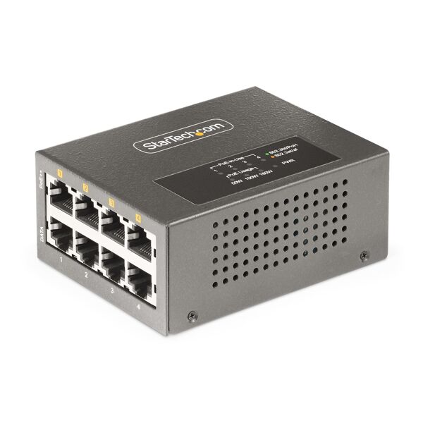 startech.com iniettore poe++ multi-gigabit a 4 porte, ethernet 5/2.5/1g (nbase-t), poe/poe+/poe++ (802.3af/802.3at/802.3bt), potenza di alimentazione 160 watt, montabile parete/su guida din, non gestito [as445c-poe-injector]