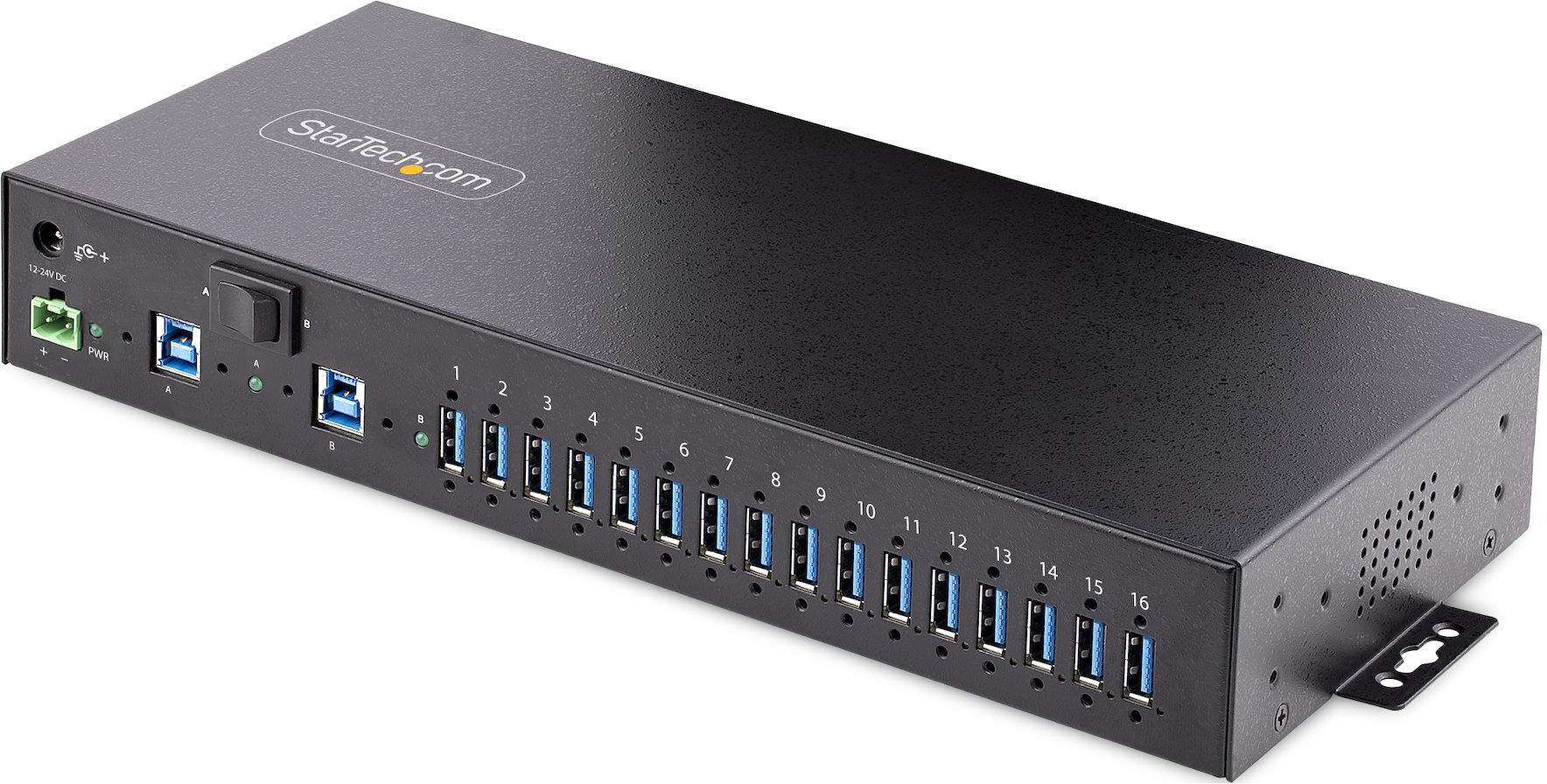 startech.com hub usb 3.0 alimentato a 16 porte - multipresa usb-a industriale 5gbps installabile muro/rack/din protezione esd 120w condivisi per la ricarica switch doppio host morsetto/barilotto dc [5g16ainds-usb-a-hub]