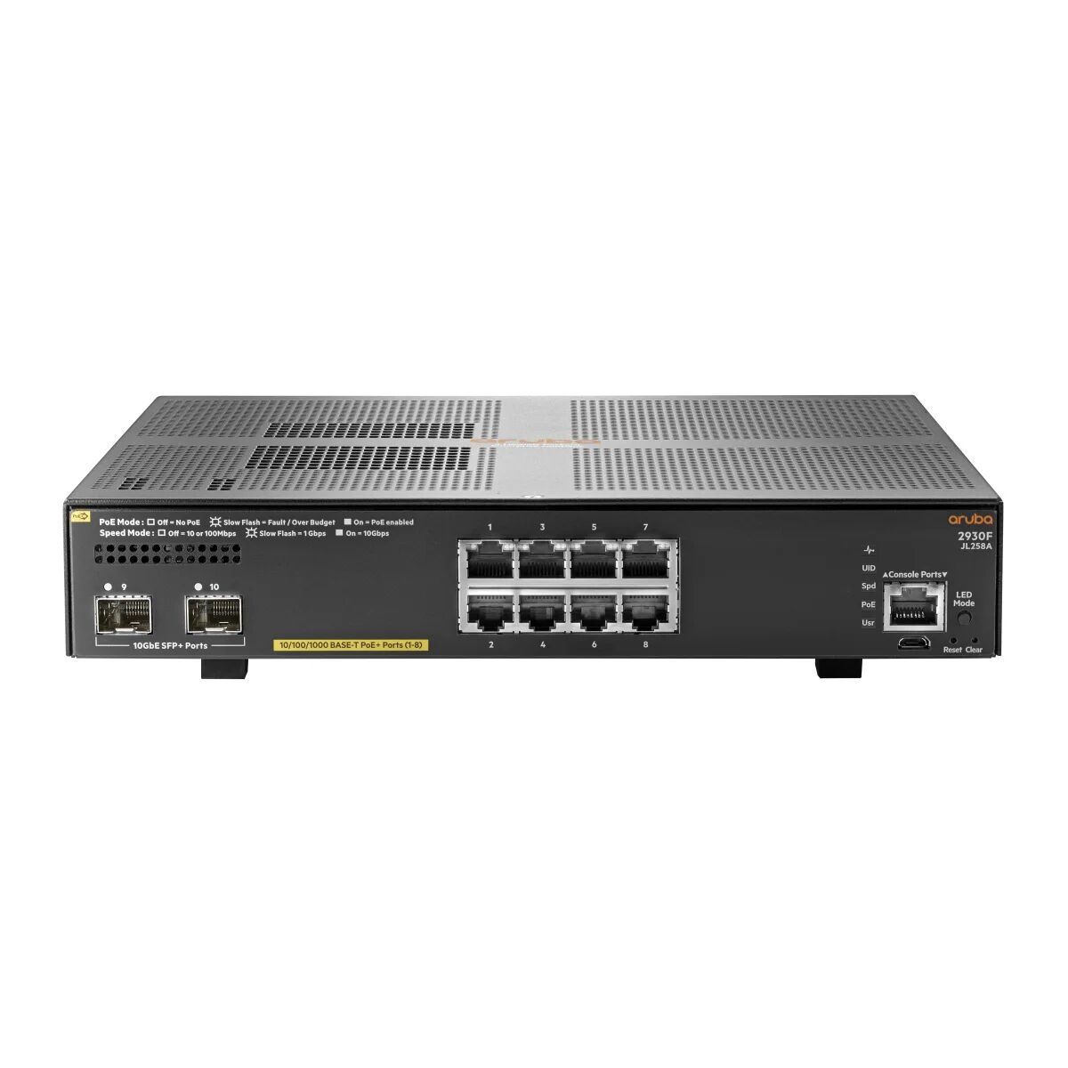 Aruba Switch di rete  2930F 8G PoE+ 2SFP+ Gestito L3 Gigabit Ethernet (10/100/1000) Supporto Power over (PoE) 1U Grigio [JL258A]