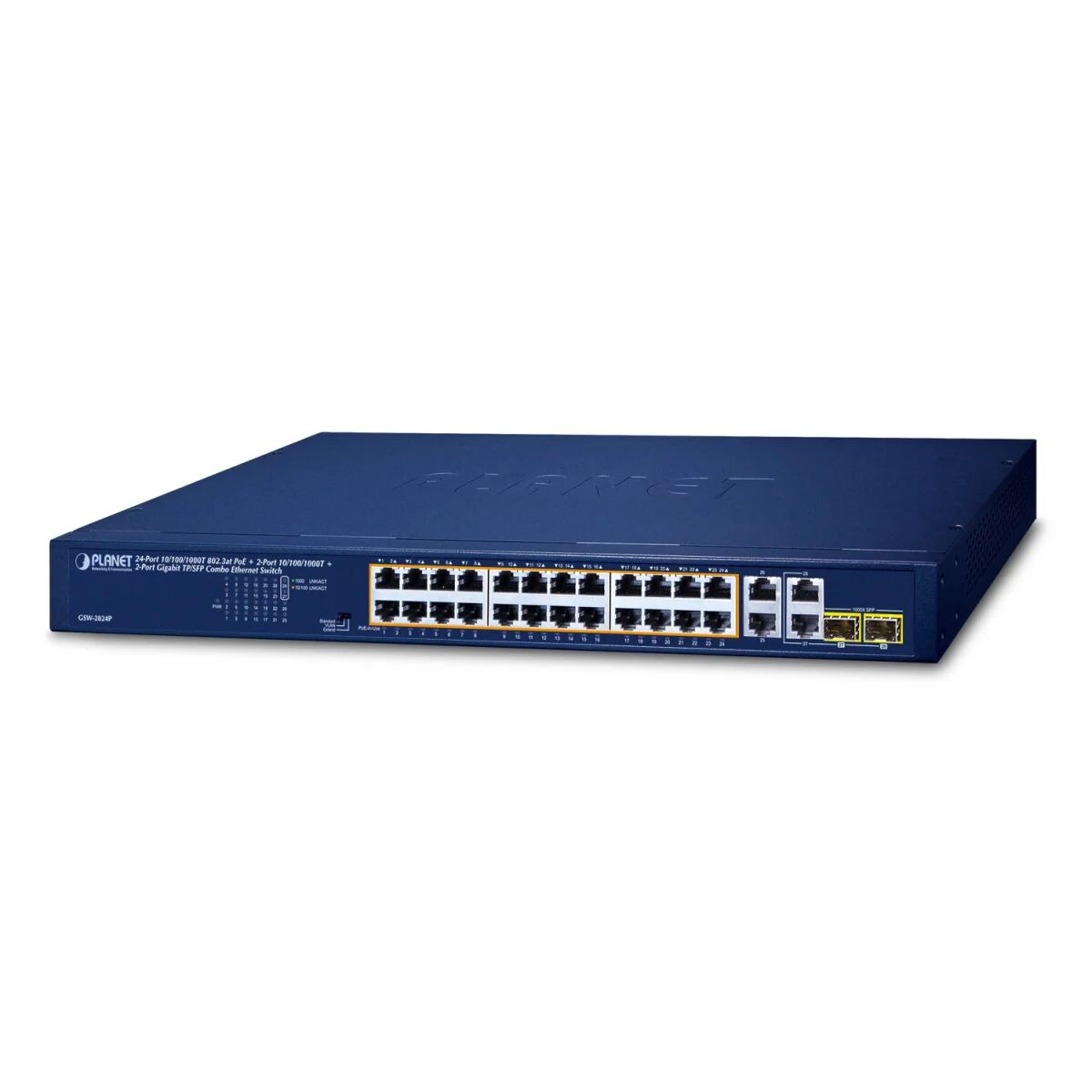 PLANET Switch di rete  24-Port 10/100/1000T 802.3at Non gestito Gigabit Ethernet (10/100/1000) Supporto Power over (PoE) 1U Blu [GSW-2824P]