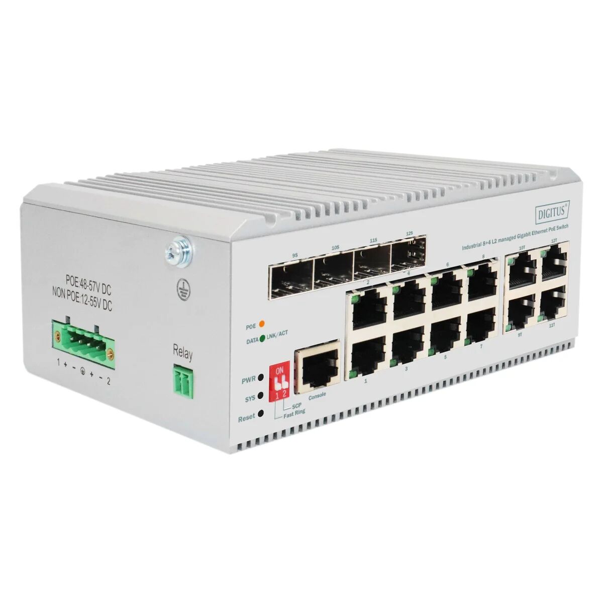 Digitus Switch di rete  PoE Gigabit Ethernet a 8 porte, industriale, gestito L2, 4 Uplink SFP [DN-651139]
