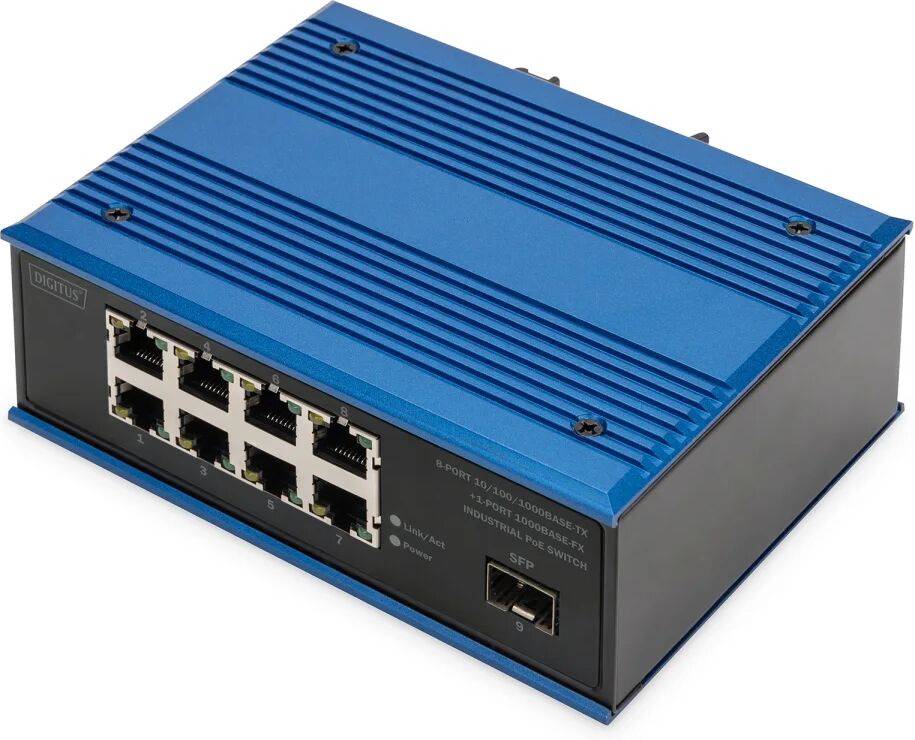 Digitus Switch di rete  PoE Gigabit Ethernet a 8 porte, industriale, non gestito, 1 collegamento SFP [DN-651137]