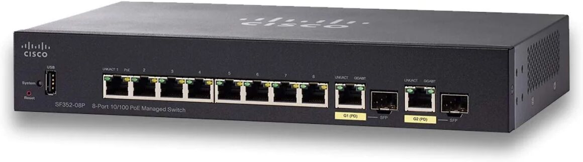 Cisco Systems Switch di rete  Small Business SF352-08P Gestito L2/L3 Fast Ethernet (10/100) Supporto Power over (PoE) 1U Nero [SF352-08P-K9-EU]