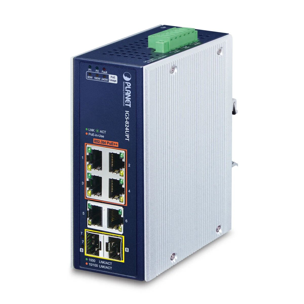 PLANET Switch di rete  IP30 Industrial 4-Port Non gestito Gigabit Ethernet (10/100/1000) Supporto Power over (PoE) Blu, Bianco [IGS-824UPT]