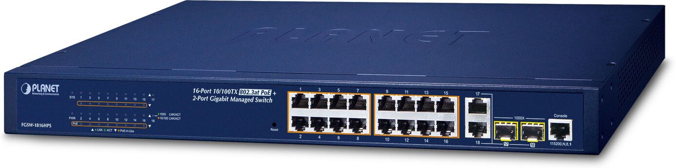 PLANET FGSW-1816HPS switch di rete Gestito L2 Fast Ethernet (10/100) Nero Supporto Power over (PoE) [FGSW-1816HPS]