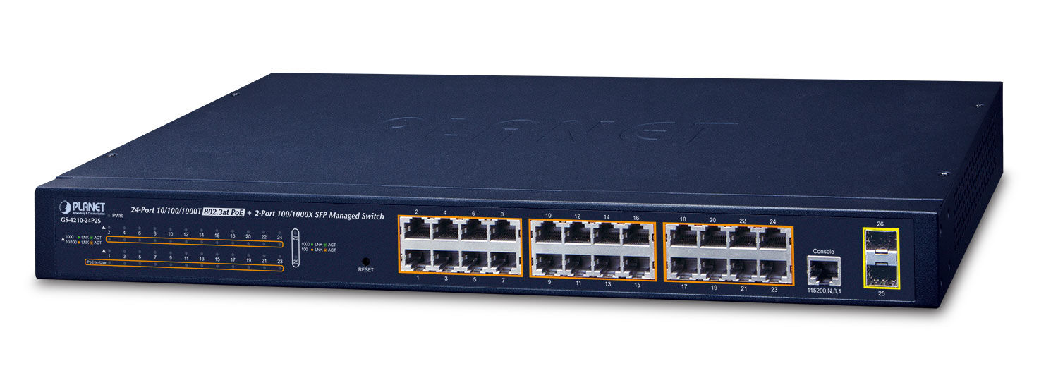 PLANET GS-4210-24P2S switch di rete Gestito L2/L4 Gigabit Ethernet (10/100/1000) Supporto Power over (PoE) 1U Blu [GS-4210-24P2S]
