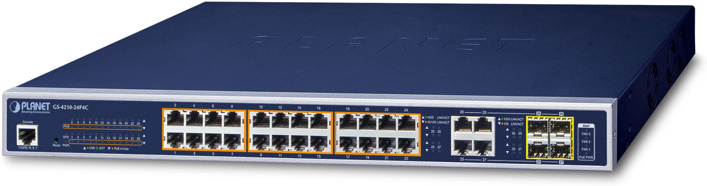 PLANET GS-4210-24P4C switch di rete Gestito L2/L4 Gigabit Ethernet (10/100/1000) Supporto Power over (PoE) 1U Blu [GS-4210-24P4C]