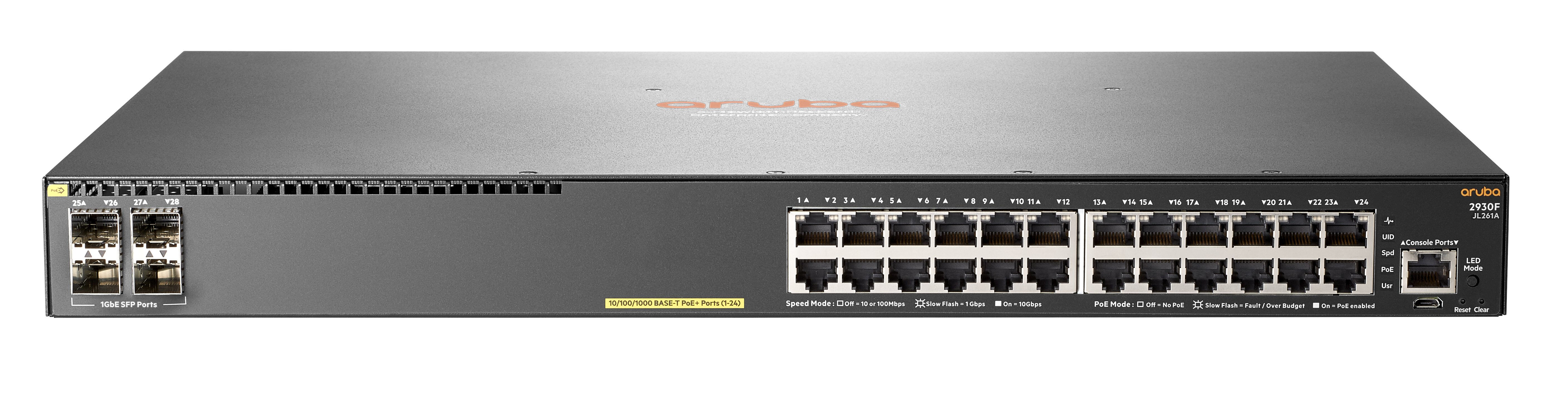 Aruba Switch di rete  2930F 24G PoE+ 4SFP Gestito L3 Gigabit Ethernet (10/100/1000) Supporto Power over (PoE) 1U Grigio [JL261A]