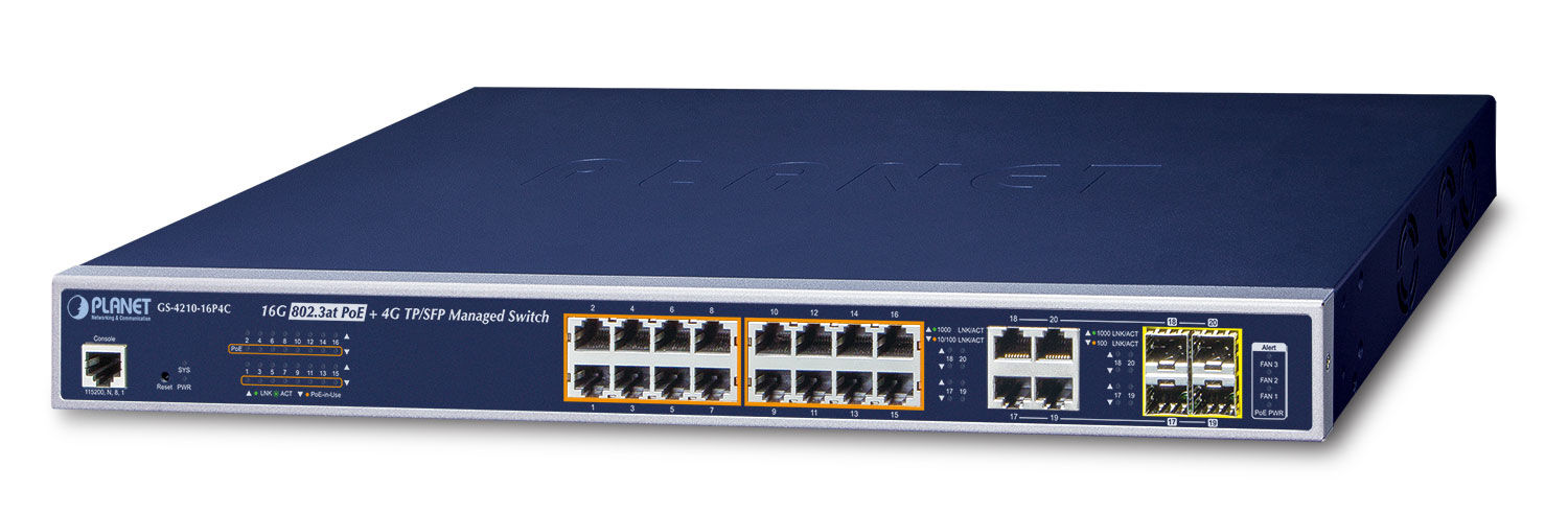 PLANET GS-4210-16P4C switch di rete Gestito L2/L4 Gigabit Ethernet (10/100/1000) Supporto Power over (PoE) 1U Blu [GS-4210-16P4C]