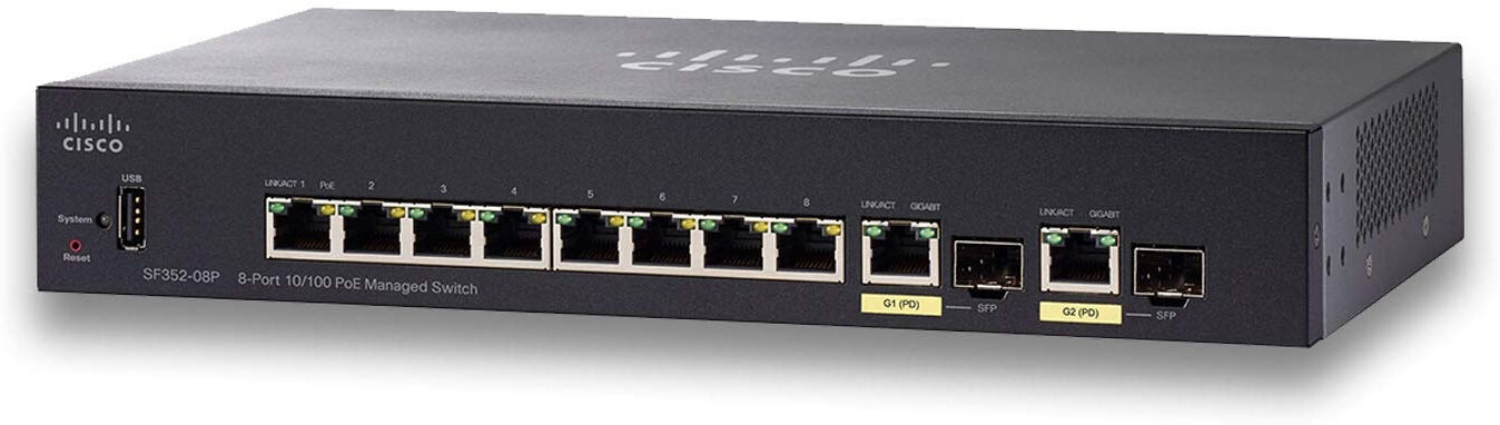 Cisco Systems Switch di rete  Small Business SF352-08P Gestito L2/L3 Fast Ethernet (10/100) Supporto Power over (PoE) 1U Nero [SF352-08P-K9-UK]