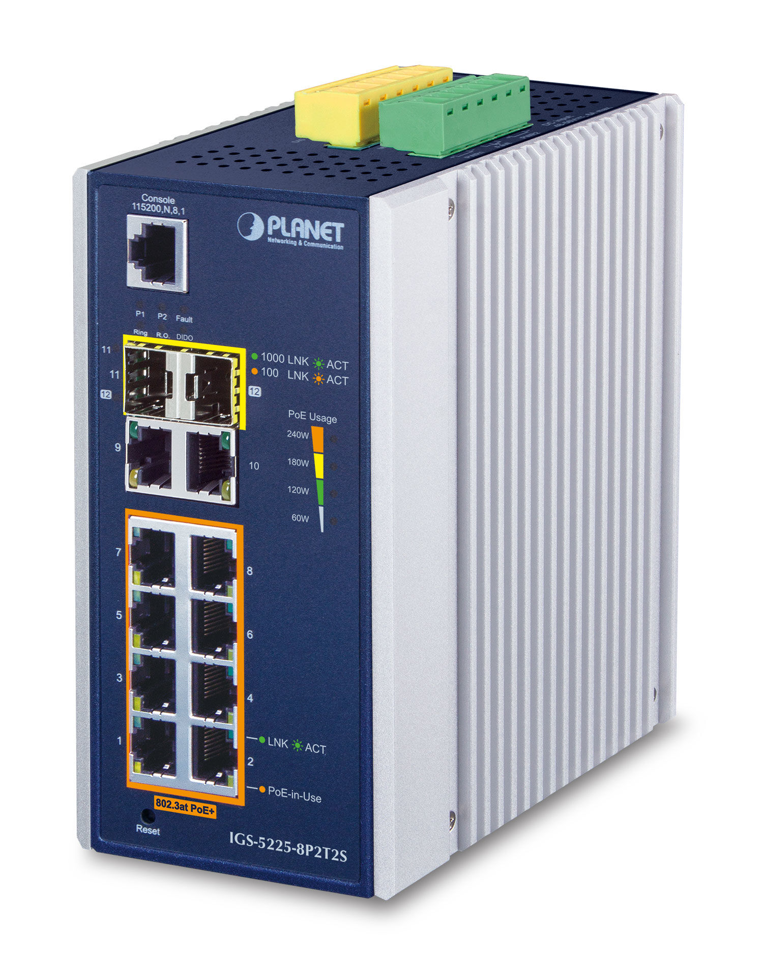 PLANET IGS-5225-8P2T2S switch di rete Gestito L2+ Gigabit Ethernet (10/100/1000) Supporto Power over (PoE) Blu, Bianco [IGS-5225-8P2T2S]