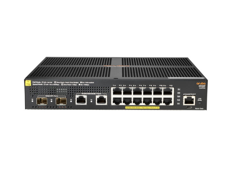 HP Switch di rete  Aruba 2930F 12G PoE+ 2G/2SFP+ Gestito L3 Gigabit Ethernet (10/100/1000) Nero 1U Supporto Power over (PoE) [JL693A]