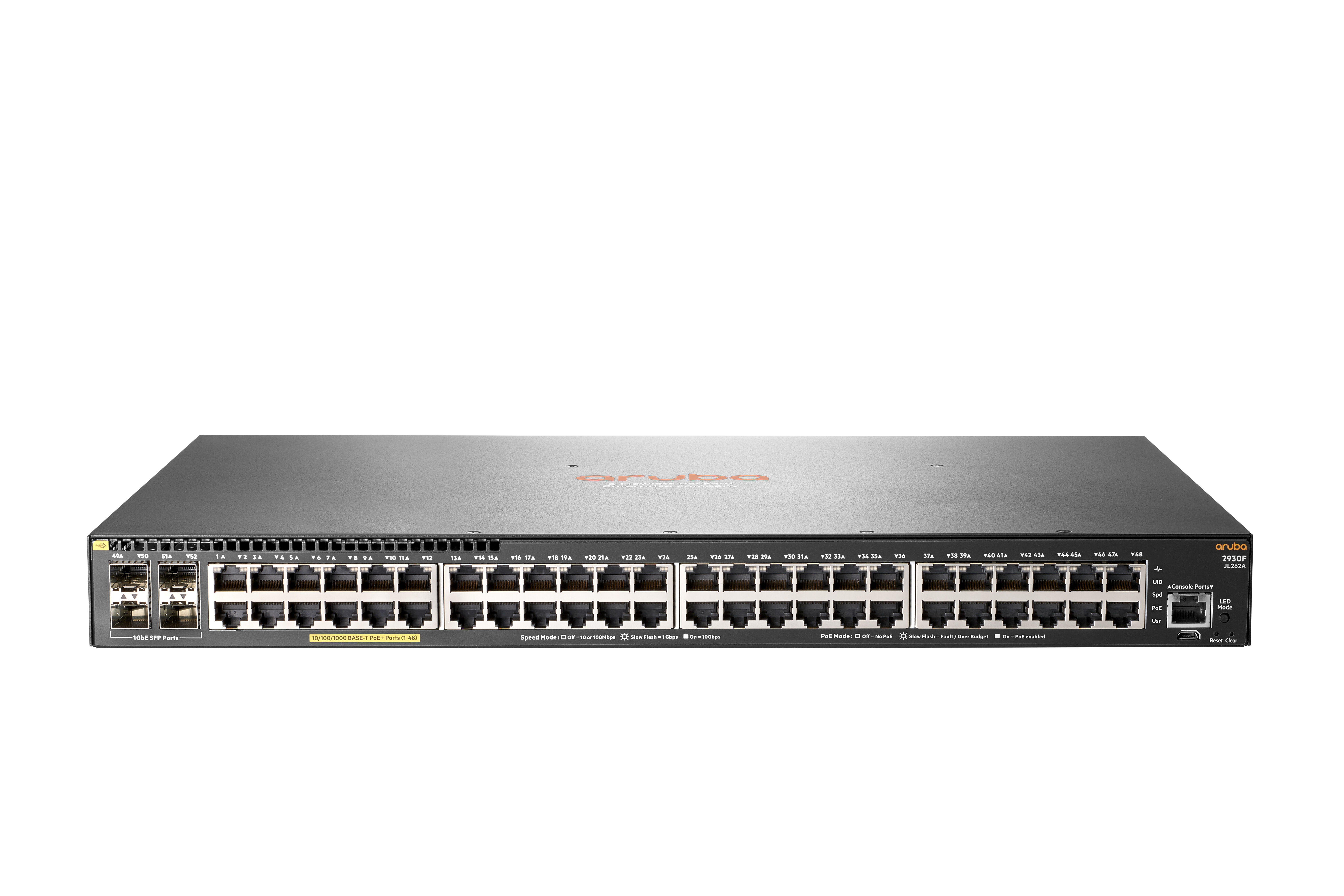 Aruba Switch di rete  2930F 48G PoE+ 4SFP Gestito L3 Gigabit Ethernet (10/100/1000) Supporto Power over (PoE) 1U Grigio [JL262A#ABB]