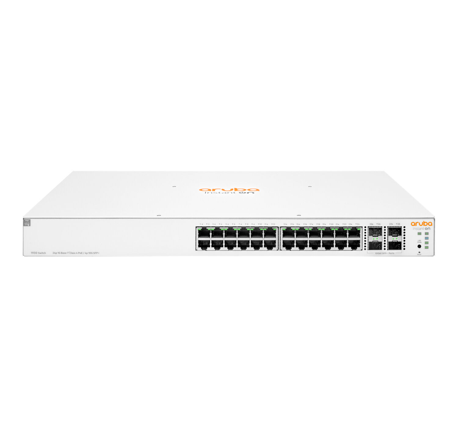 Aruba Switch di rete  Instant On 1930 24G Class4 PoE 4SFP/SFP+ 370W Gestito L2+ Gigabit Ethernet (10/100/1000) Supporto Power over (PoE) 1U Bianco [JL684B]