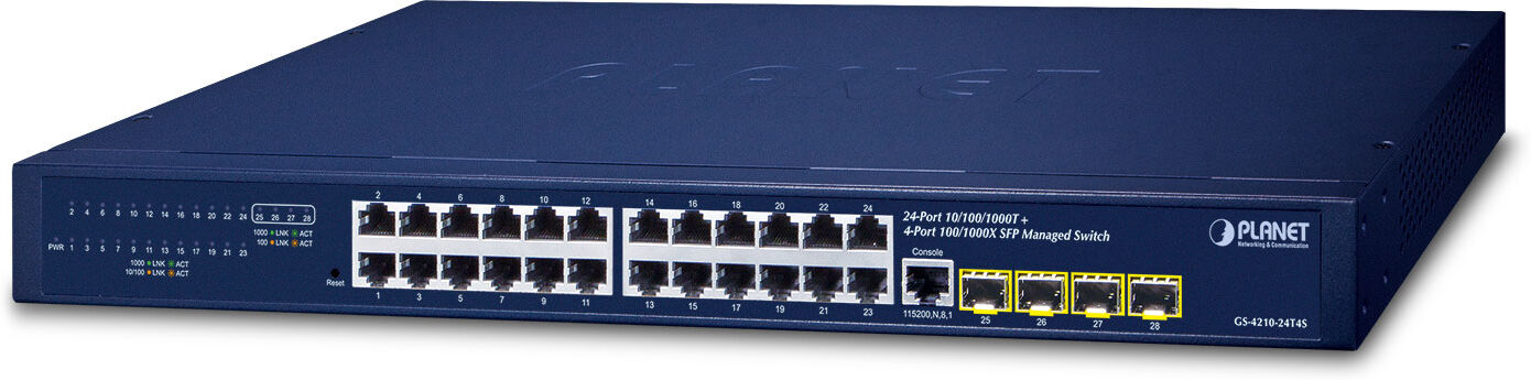 PLANET Switch di rete  IPv4/IPv6, 24-Port Gestito L2/L4 Gigabit Ethernet (10/100/1000) 1U Blu [GS-4210-24T4S]