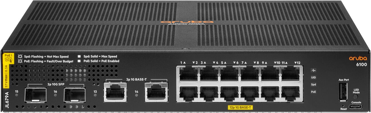 Aruba Switch di rete  6100 12G Class4 PoE 2G/2SFP+ 139W Gestito L3 Gigabit Ethernet (10/100/1000) Supporto Power over (PoE) 1U Nero [JL679A]