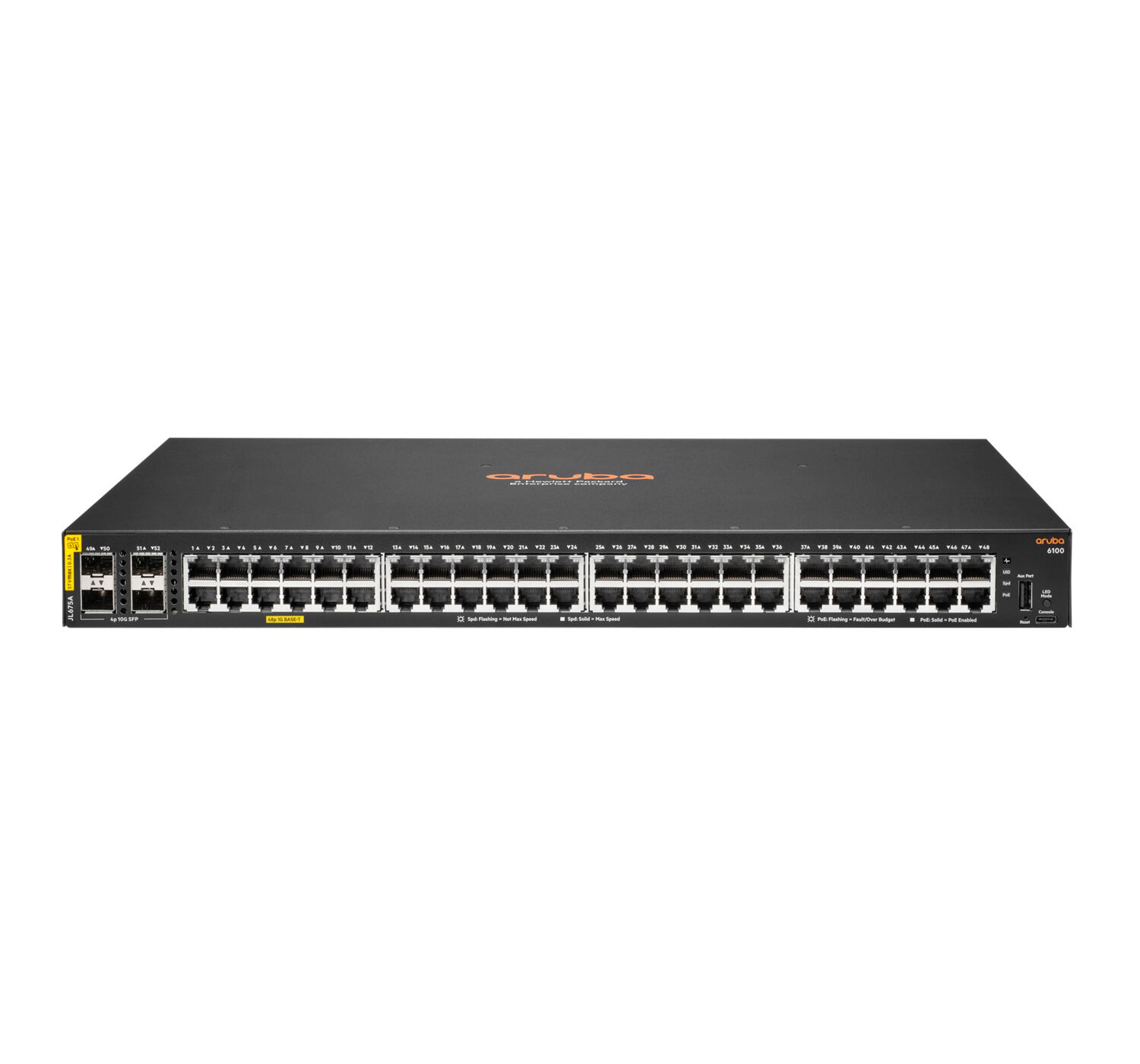 HP Switch di rete Aruba 6100 48G Class4 PoE 4SFP+ 370W Gestito L3 Gigabit Ethernet (10/100/1000) Supporto Power over (PoE) 1U Nero [JL675A#ABB]