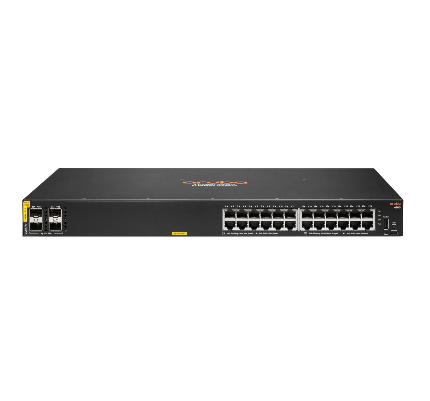Aruba Switch di rete  6100 24G Class4 PoE 4SFP+ 370W Gestito L3 Gigabit Ethernet (10/100/1000) Supporto Power over (PoE) 1U Nero [JL677A]