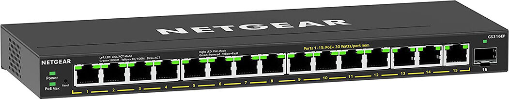 Netgear GS316EP-100PES switch di rete Gestito Gigabit Ethernet (10/100/1000) Supporto Power over (PoE) Nero [GS316EP-100PES]