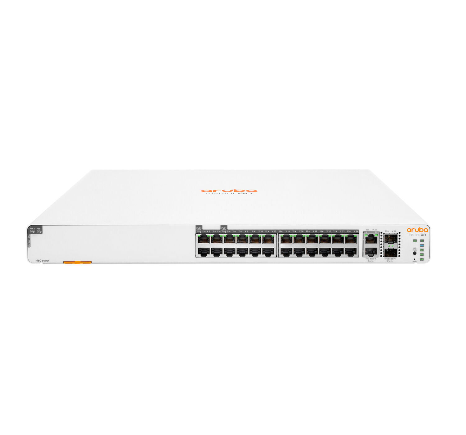 HP Switch di rete Aruba Instant On 1960 24G 20p Class4 4p Class6 PoE 2XGT 2SFP+ 370W Gestito L2+ Gigabit Ethernet (10/100/1000) Supporto Power over (PoE) 1U Bianco [JL807A#ABB]
