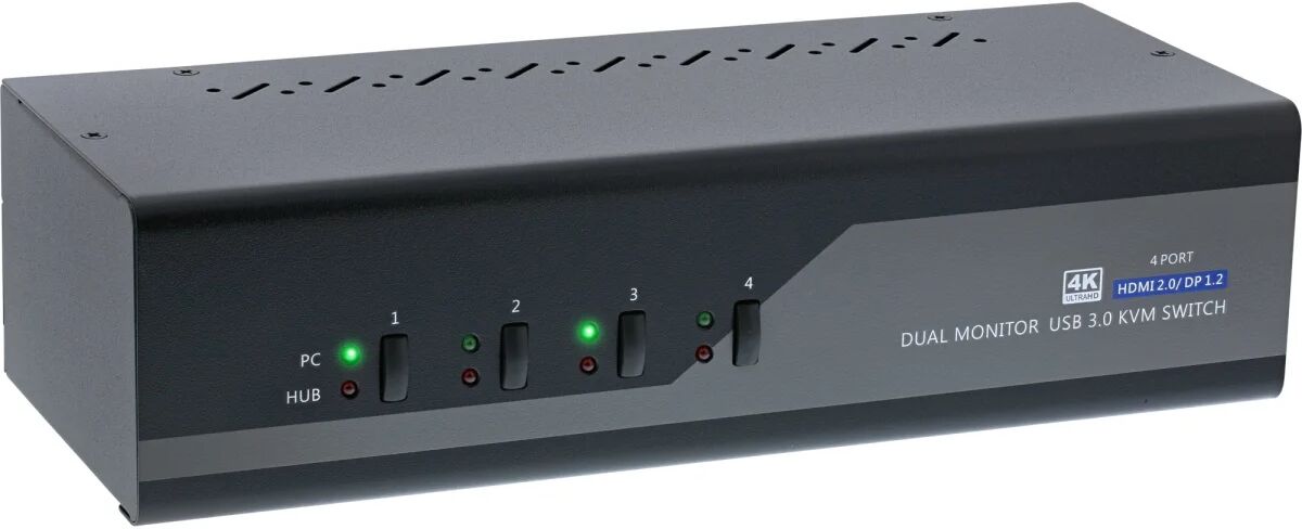 inline switch kvm desktop, 4 porte, dual monitor, dp + hdmi, 4k, usb 3.0, audio [62644i]