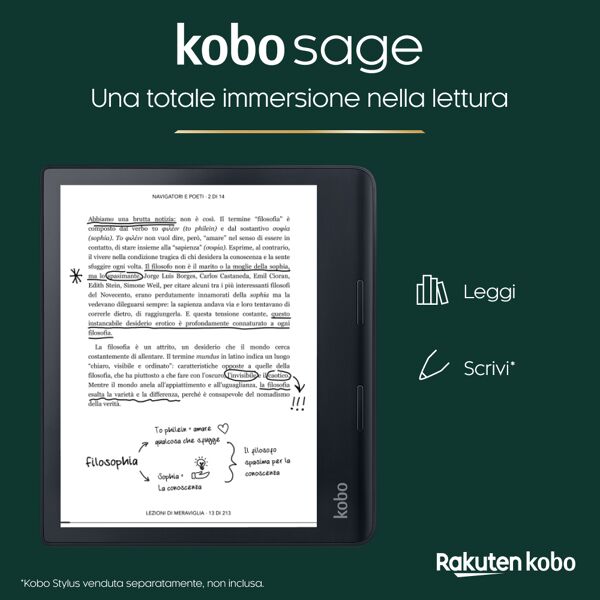 rakuten kobo lettore ebook  sage lettore e-book touch screen 32 gb wi-fi nero [n778-ku-bk-k-ep]