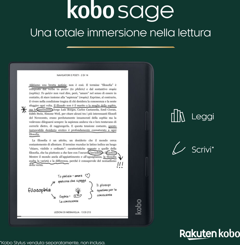 rakuten kobo lettore ebook  sage lettore e-book touch screen 32 gb wi-fi nero [n778-ku-bk-k-ep]