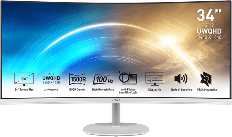 msi pro mp341cqwde monitor pc 86,4 cm (34) 3440 x 1440 pixel ultrawide quad hd bianco [9s6-3pb2ct-010]