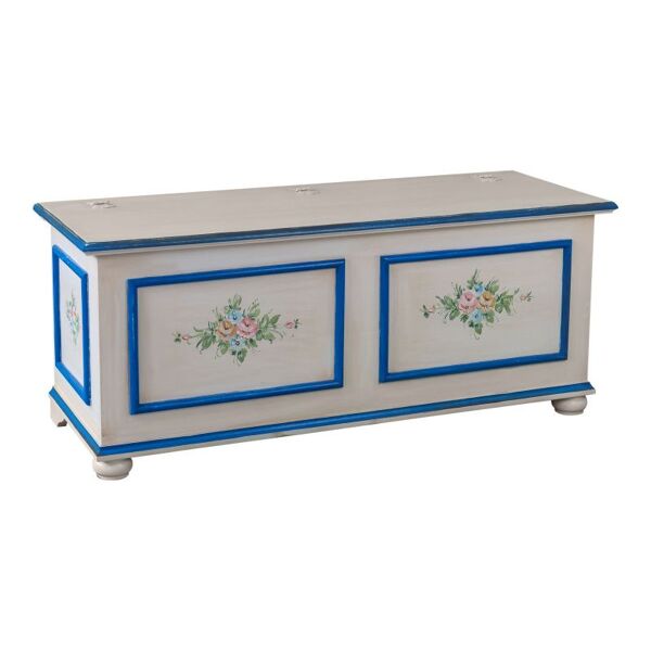 cassapanca arte povera in legno shabby bianco anticato decorato filo blu