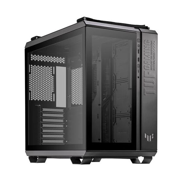 asus tuf gaming gt502 chassis per pc gaming, mid atx, doppia camera, zone di raffreddamento indipendenti, pannelli laterali senza attrezzi, usb 3.2 gen2 type-c frontale, nero