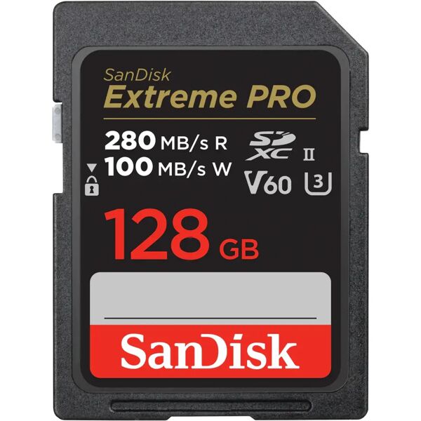 sandisk extreme pro memory card sdxc 128 gb velocita` di scrittura fino a 280 mb/s uhs-ii c10 u3 v60