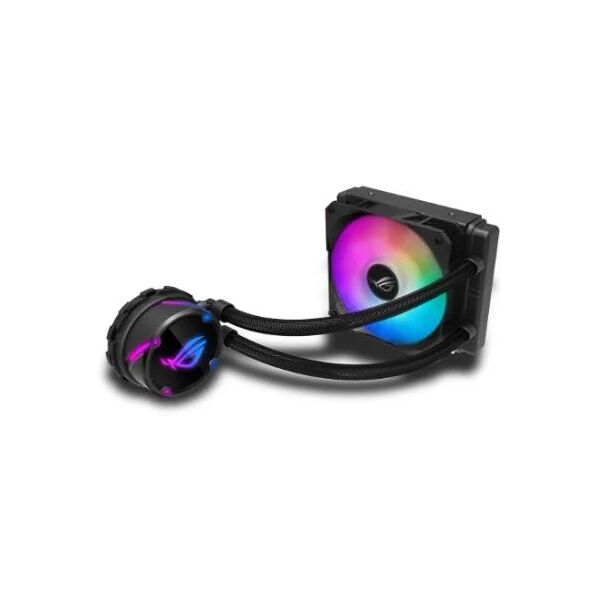 asus rog strix lc 120 rgb cooler cpu all-in-one rog con illuminazione addressable rgb, aura sync, rivestimento pompa ncvm e ventola del radiatore rog 120 mm