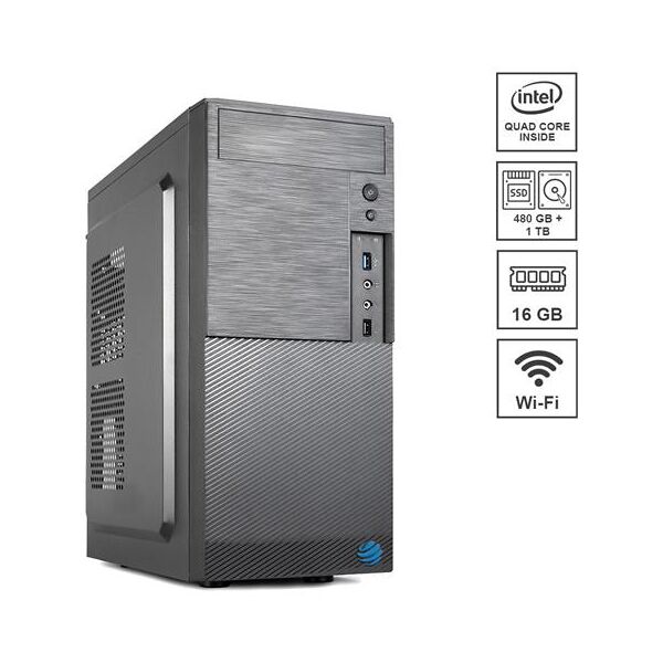 dilc pc desktop assemblato airo plus intel celeron j4125 quad core 2.0 ghz ram ddr4 16 gb ssd 480 gb hard disk 1 tb wi-fi 300 mbps windows 10 pro