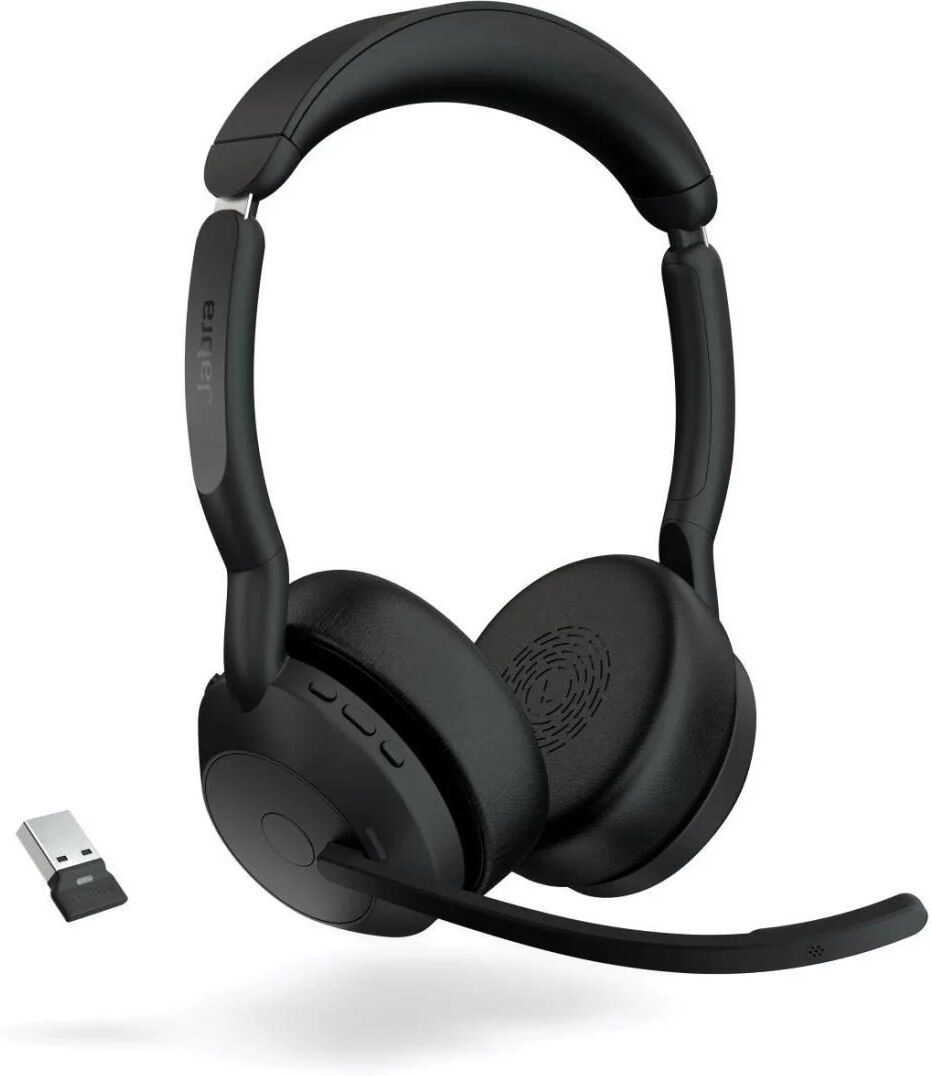 Jabra evolve2 55 duo uc link 380a cuffie stereo wireless bluetooth con microfono profesionali on-ear cancellazione attiva del rumore direct sound+ xpress black