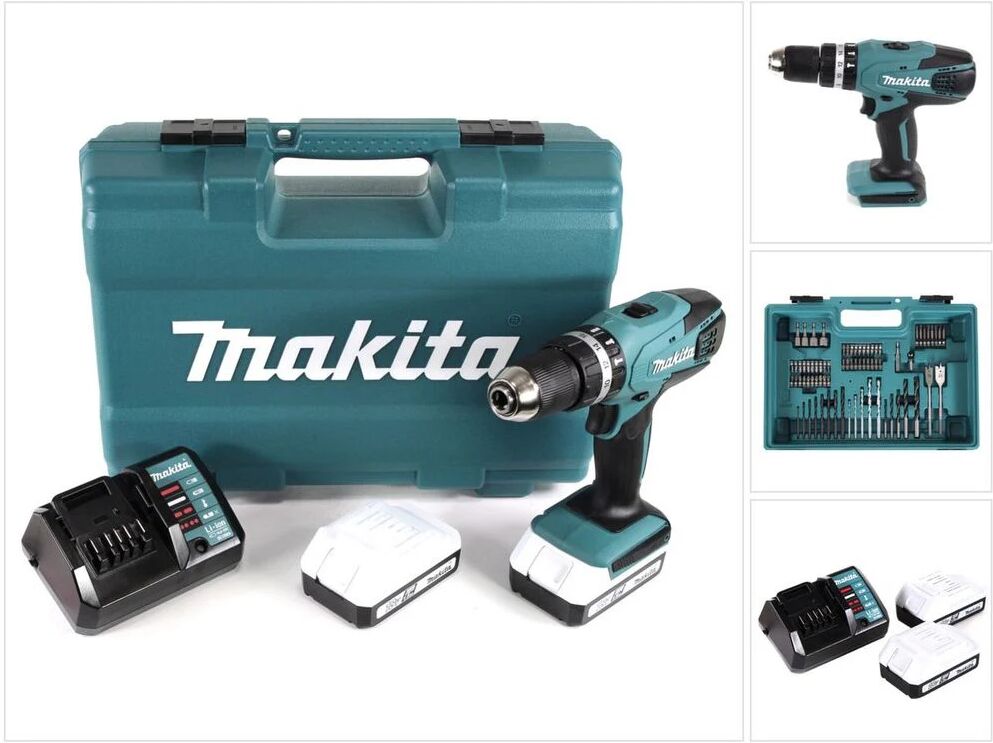 Makita hp457dwe10 trapano avvitatore con percussione 2x18 v 1,5 ah li + 74 accessori + valigetta