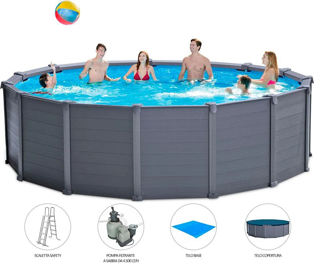 intex piscina fuori terra rigida piscina esterna da giardino in resina rotonda Ø 478x124h cm con pompa a sabbia da 4.500 lt/h - 26384 frame graphite