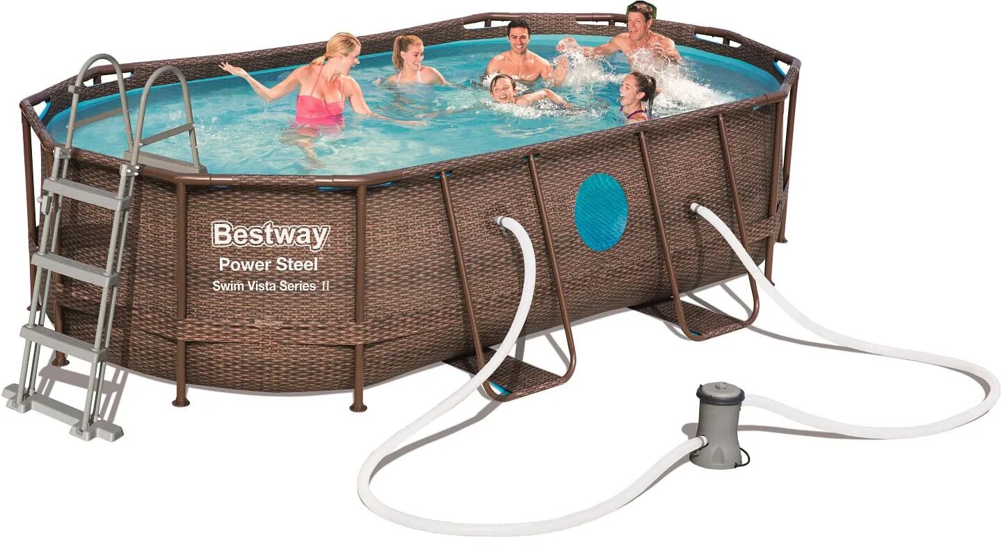 Bestway Piscina Fuori Terra con Telaio Portante Piscina Esterna da Giardino in PVC Effetto Vimini Ovale Ø 427x250x100h cm con Pompa Filtro da 2.006 l/h - 56714 Power Steel Swim Vista