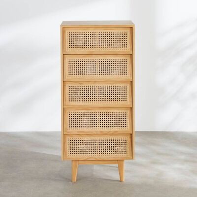 Maisons du Monde Cassettiera a 5 cassetti in legno di pino e rattan chiaro, lung. 55 cm 55x120.2x45cm Maisons du Monde Cassettiera a 5 cassetti in legno di pino e rattan chiaro, lung. 55 cm 55x120.2x45cm