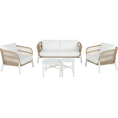 Maisons du Monde Salotto da giardino 4 posti in resina intrecciata effetto rattan e cuscini bianchi 170x75x80cm Maisons du Monde Salotto da giardino 4 posti in resina intrecciata effetto rattan e cuscini bianchi 170x75x80cm