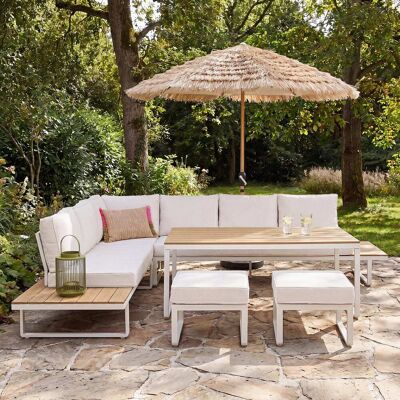 Maisons du Monde Salotto da giardino 8 posti in alluminio beige con cuscini in poliestere riciclato beige 295x83x230.5cm Maisons du Monde Salotto da giardino 8 posti in alluminio beige con cuscini in poliestere riciclato beige 295x83x230.5cm