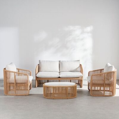 Maisons du Monde Salotto da giardino 4 posti in resina beige con cuscini in poliestere riciclato écru 150x72.5x73.5cm Maisons du Monde Salotto da giardino 4 posti in resina beige con cuscini in poliestere riciclato écru 150x72.5x73.5cm