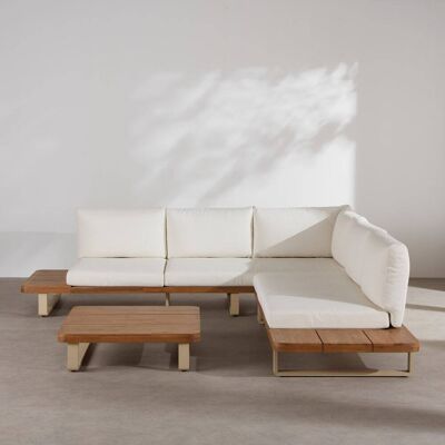 Maisons du Monde Salotto da giardino 4/5 posti in alluminio beige, legno di acacia e cuscini in poliestere riciclato écru 259x75x264cm Maisons du Monde Salotto da giardino 4/5 posti in alluminio beige, legno di acacia e cuscini in poliestere riciclato écru 259x75x264cm