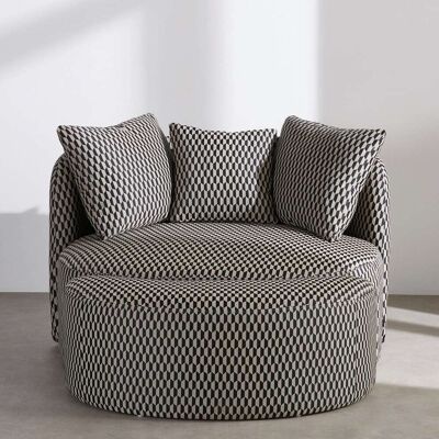 Maisons du Monde Divano rotondo e pouf, mezzo posto, in tessuto di poliestere intrecciato con motivo geometrico bianco e nero. 124x83.5x114cm Maisons du Monde Divano rotondo e pouf, mezzo posto, in tessuto di poliestere intrecciato con motivo geometrico bianco e nero. 124x83.5x114cm