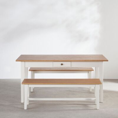 Maisons du Monde Tavolo da pranzo per 6 persone e 2 panche beige e bianche 160x76.5x85cm Maisons du Monde Tavolo da pranzo per 6 persone e 2 panche beige e bianche 160x76.5x85cm
