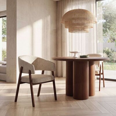 Maisons du Monde Sedia da pranzo in legno di caucciù scuro e tessuto beige in poliestere riciclato. 57.8x80x54cm Maisons du Monde Sedia da pranzo in legno di caucciù scuro e tessuto beige in poliestere riciclato. 57.8x80x54cm
